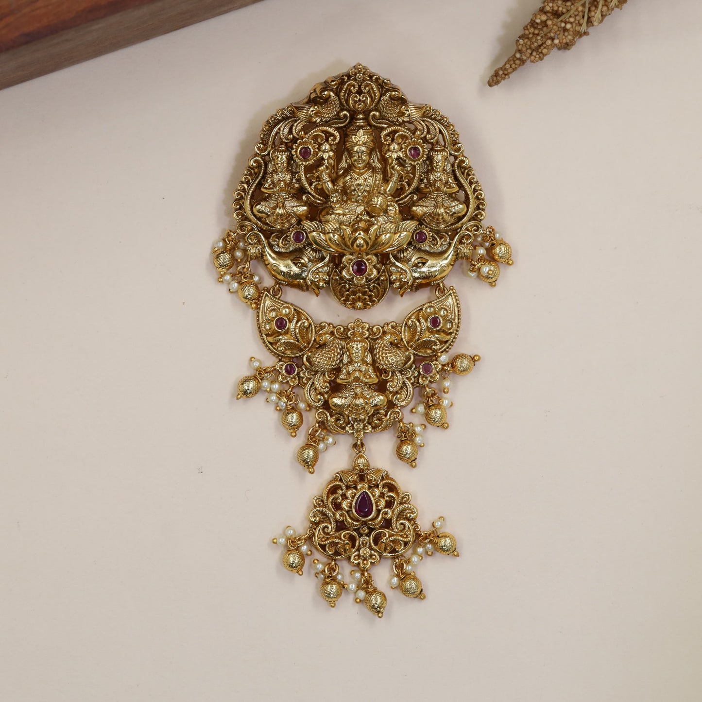 Lakshmi Jada Bille with Three-Part Pendant Composition and Sculptural Peacock Work