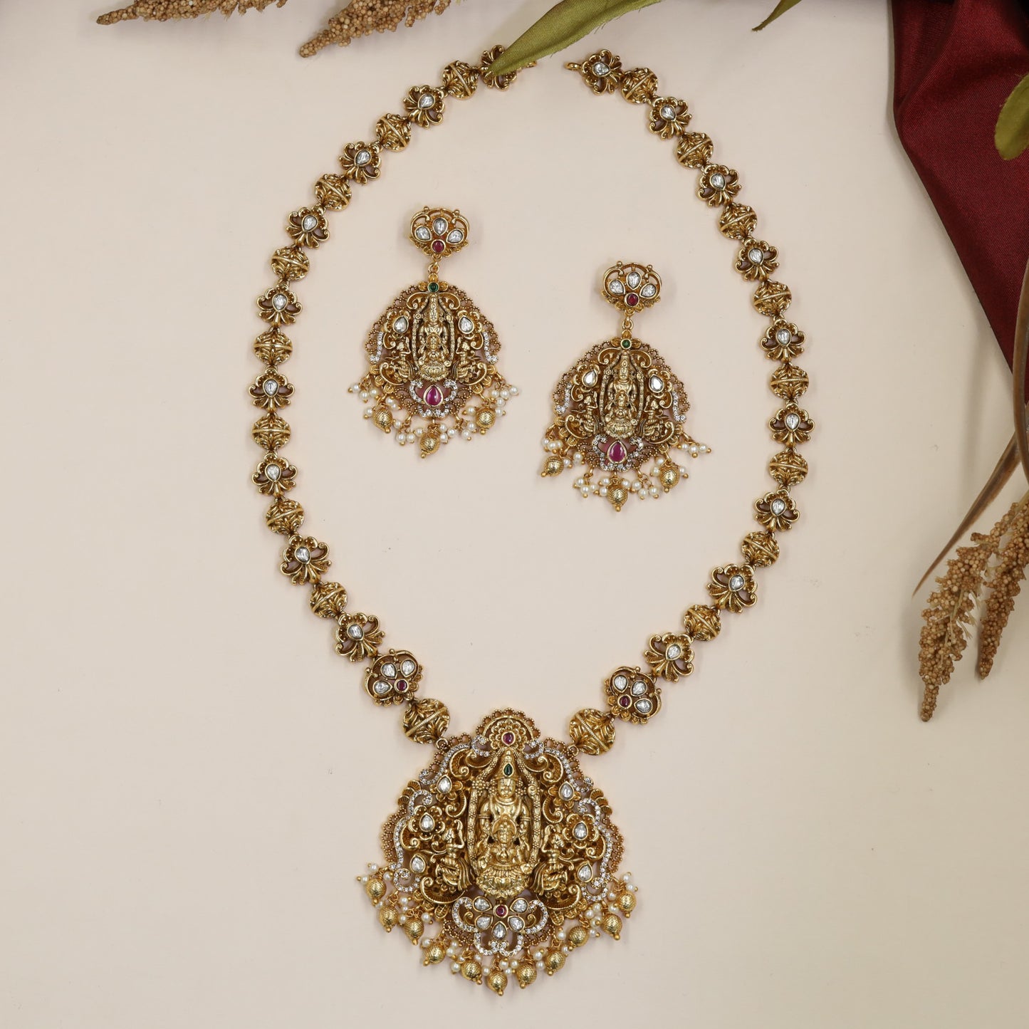 Balaji Lakshmi Antique Long Haara with ornate deity panels and floral links