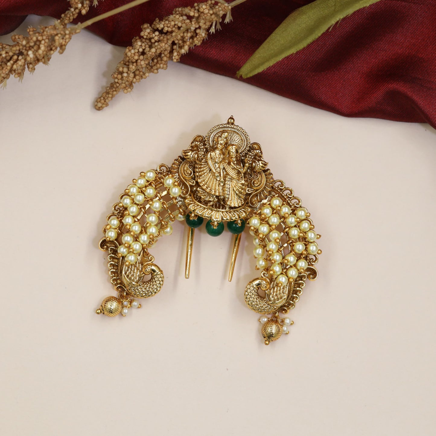 Flute-playing Krishna Antique Jade Bille with peacock accents and pearl work