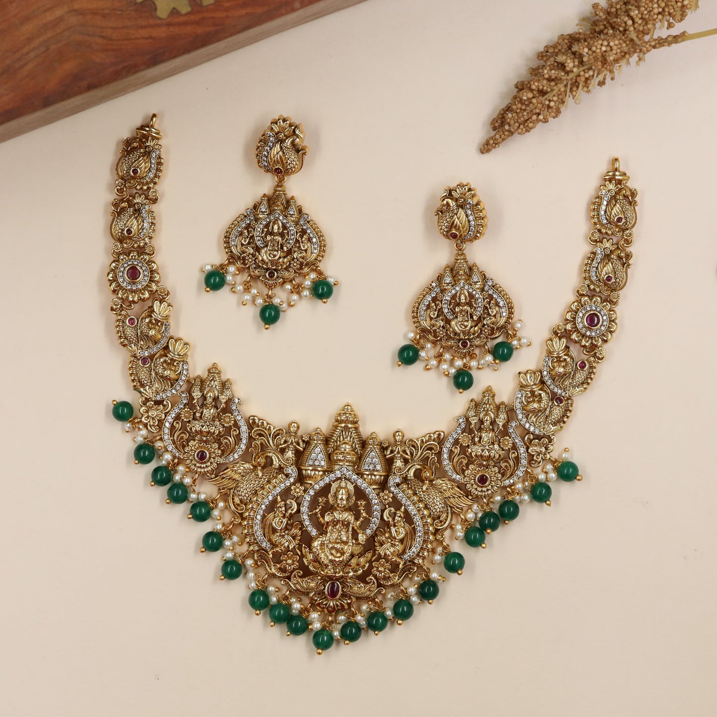 Gajalakshmi Necklace with Sculptural Deity Centre and Beaded Lower Edge