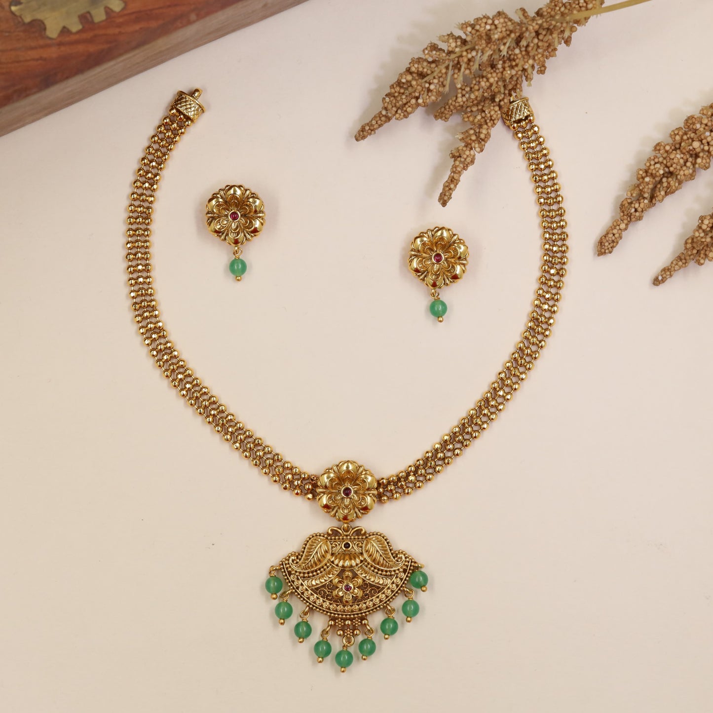 Classic Antique Necklace with Double Beadwork and Curved Pendant Detailing