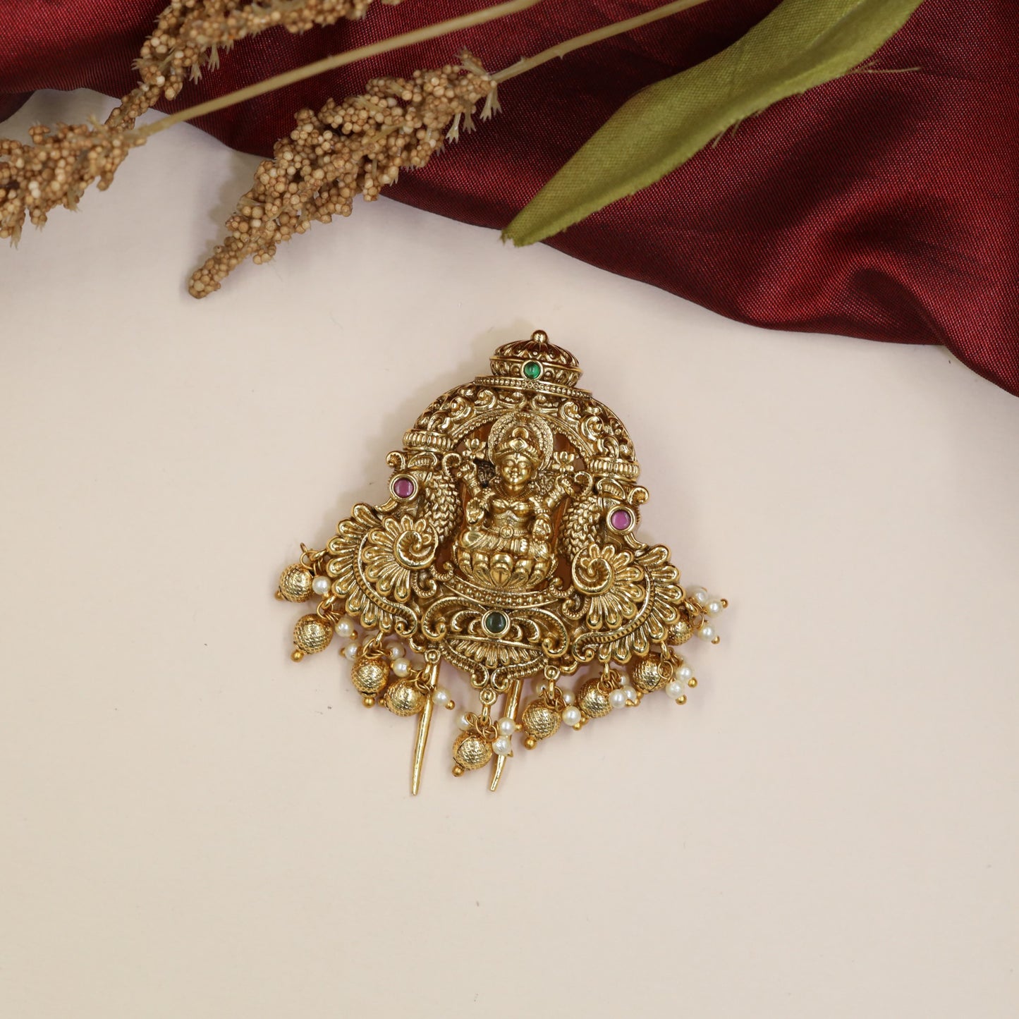 Traditional Lakshmi Antique Jade Bille with sculpted arches and clustered bead drops
