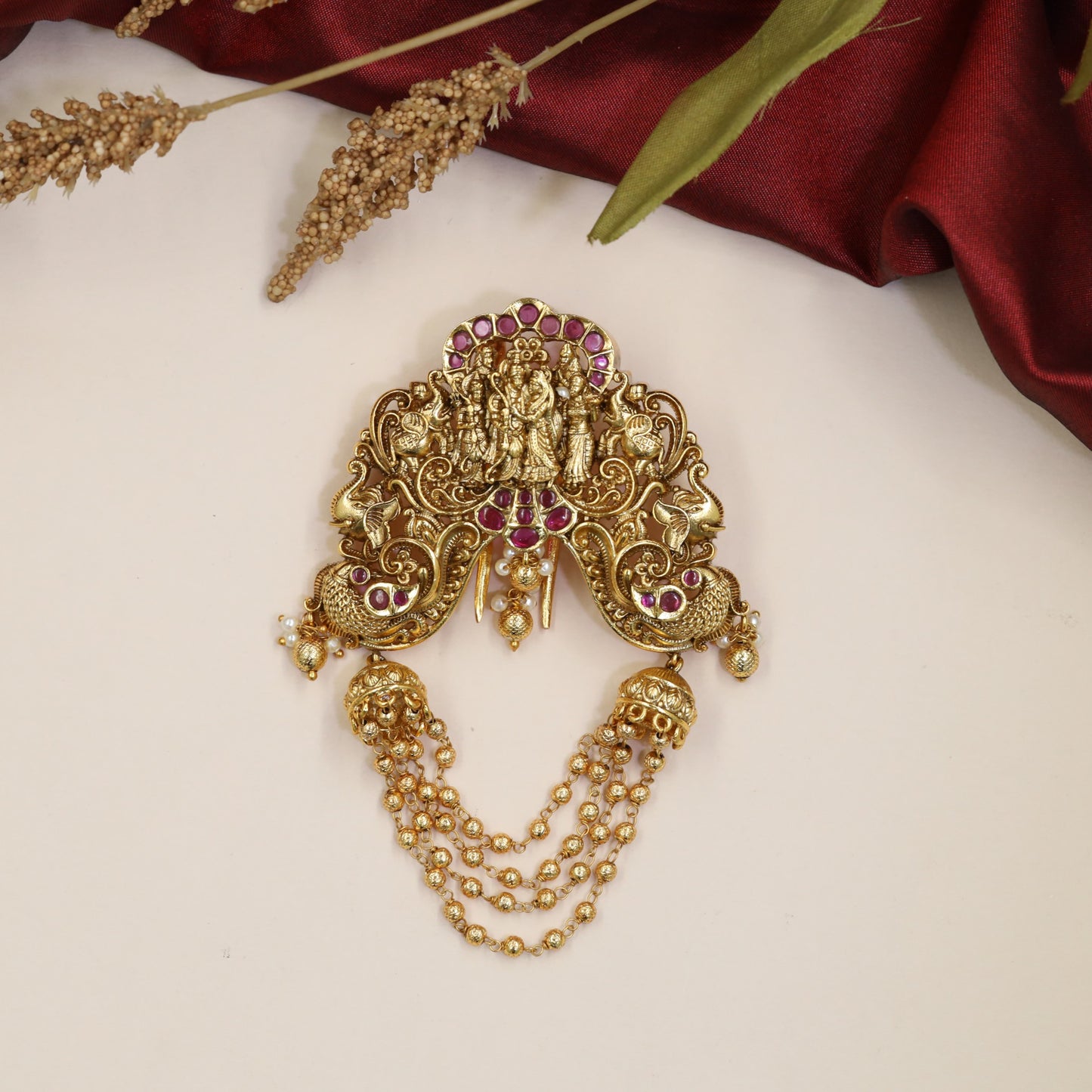 Krishna Radhe Antique Jade Bille featuring twin peacocks and ornate scrollwork