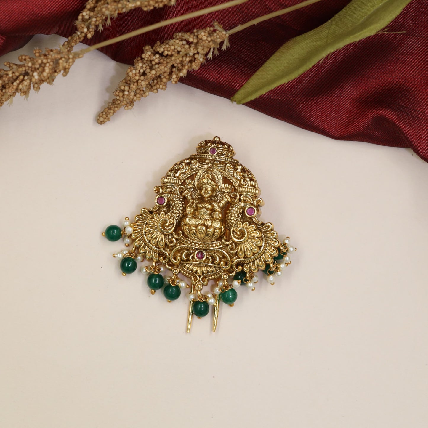 Traditional Lakshmi Antique Jade Bille with sculpted arches and clustered bead drops
