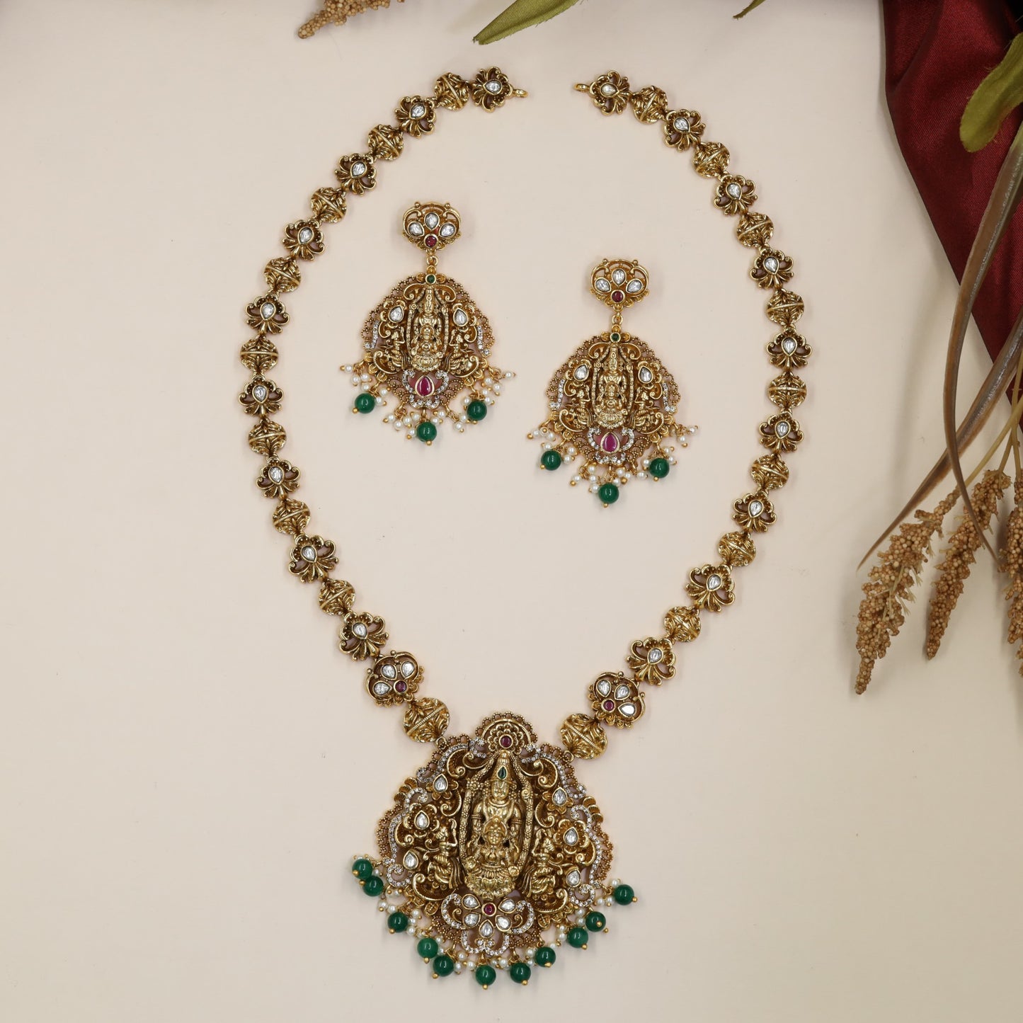 Balaji Lakshmi Antique Long Haara with ornate deity panels and floral links