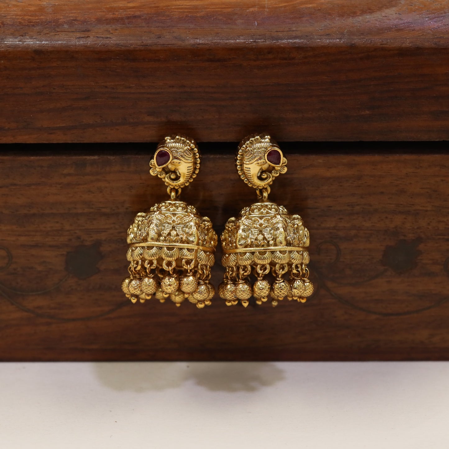 Ganesha Antique Jumkas with Sculpted Elephant Details and Hanging Bead Fringe