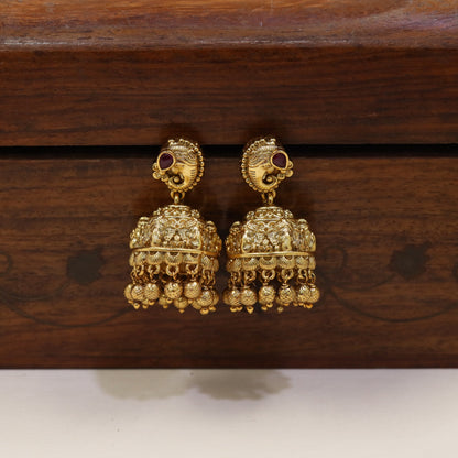 Ganesha Antique Jumkas with Sculpted Elephant Details and Hanging Bead Fringe