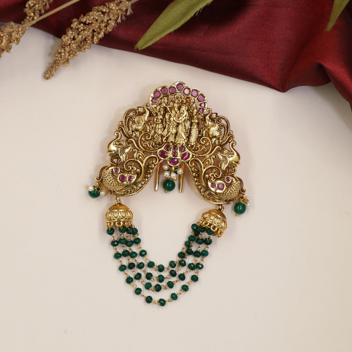 Krishna Radhe Antique Jade Bille featuring twin peacocks and ornate scrollwork