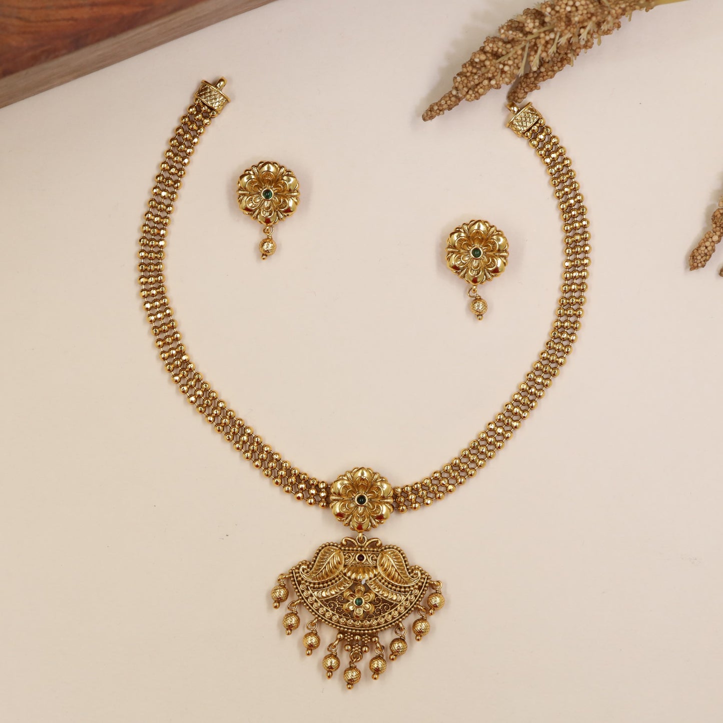 Classic Antique Necklace with Double Beadwork and Curved Pendant Detailing