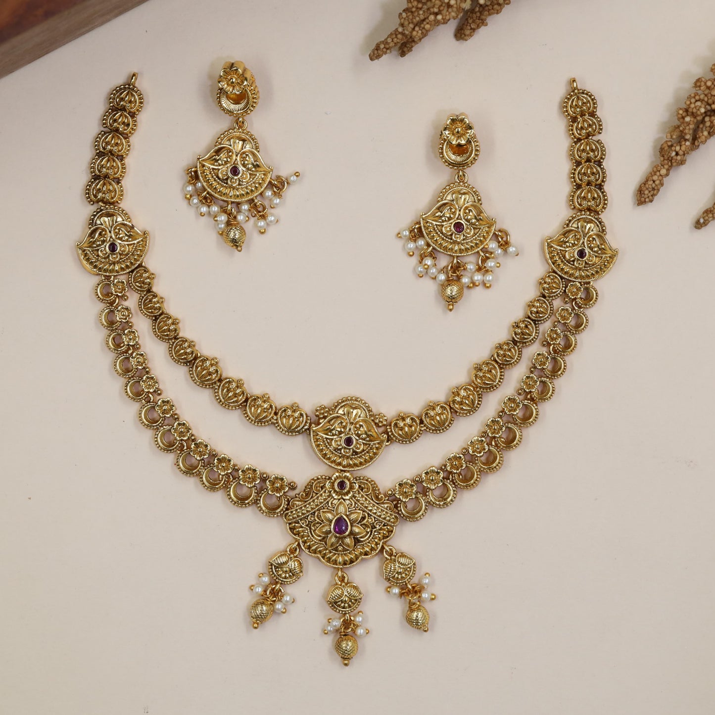 Antique Double-Row Necklace with Circular Linkwork and Framed Centre