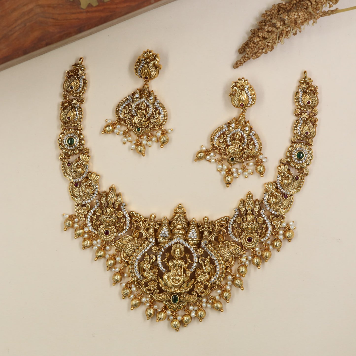 Gajalakshmi Necklace with Sculptural Deity Centre and Beaded Lower Edge
