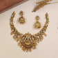 Lotus-Seated Lakshmi Necklace with Curved Flourish Links and Ornamental Drops