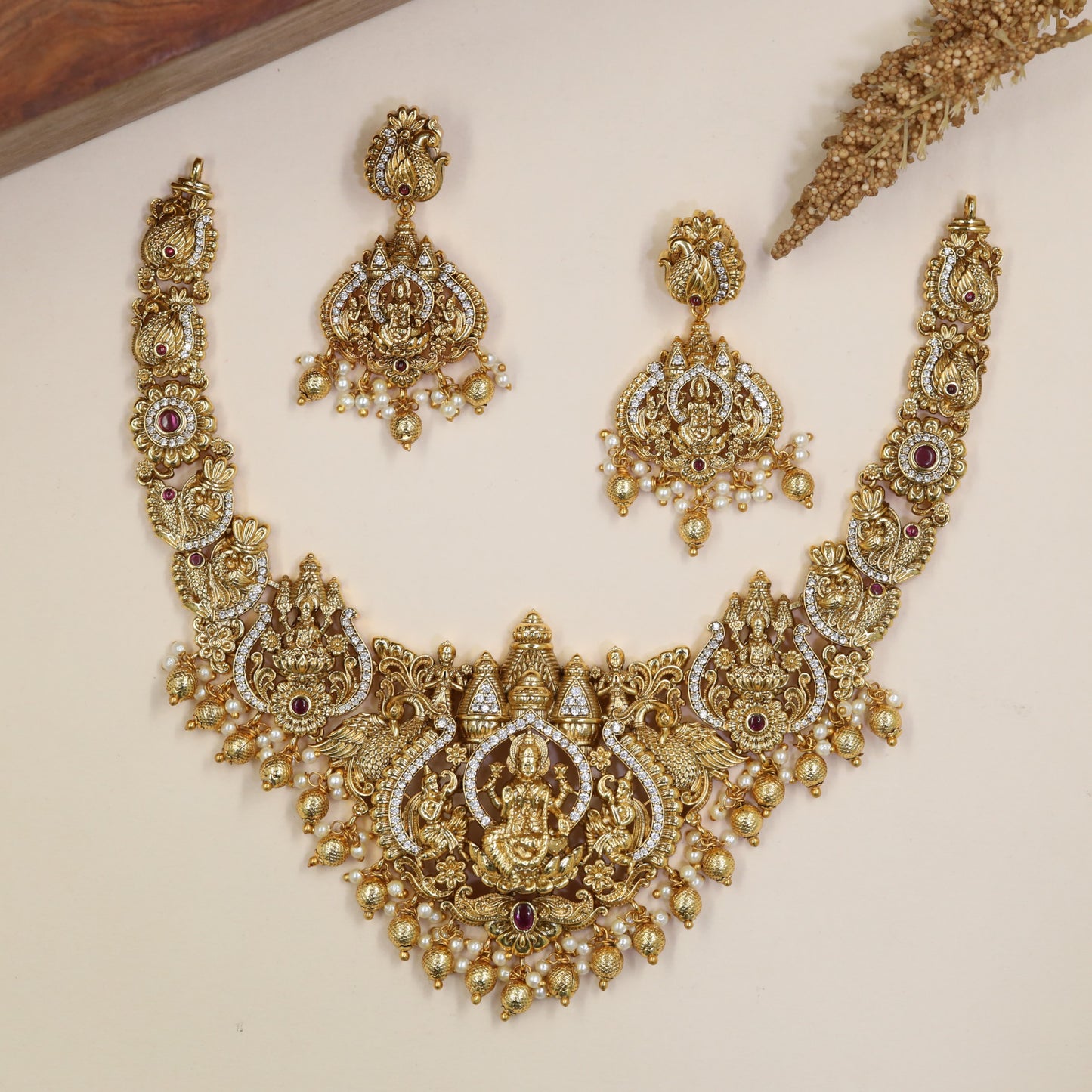 Gajalakshmi Necklace with Sculptural Deity Centre and Beaded Lower Edge