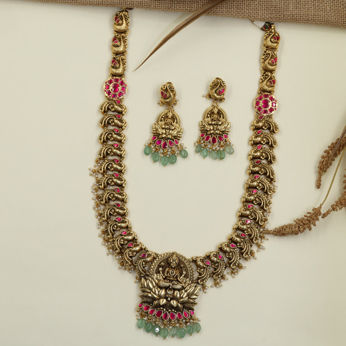 Antique Lakshmi Long Haara Set with Paisley Links & Floral Rosettes