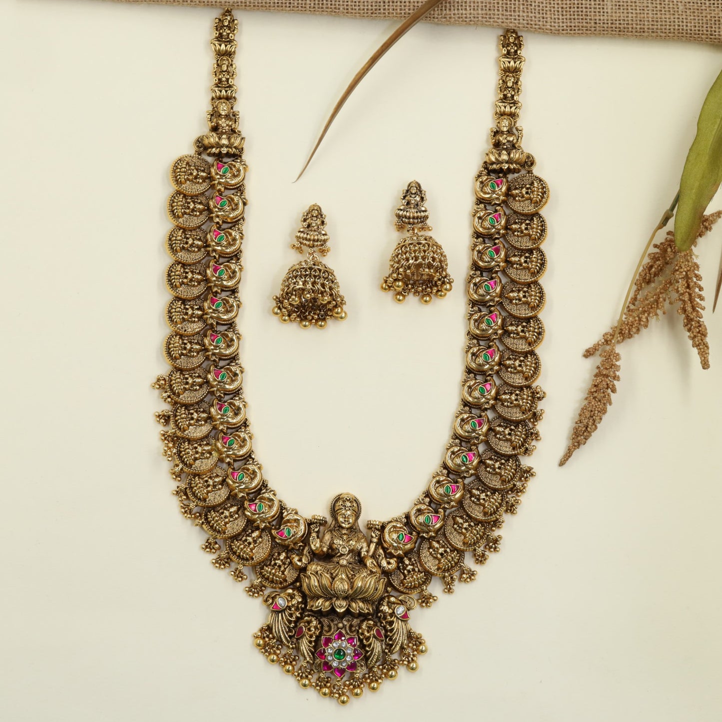 Royal Lakshmi Long Haara Featuring Sculpted Goddess Lakshmi and Intricate Coin Linkwork