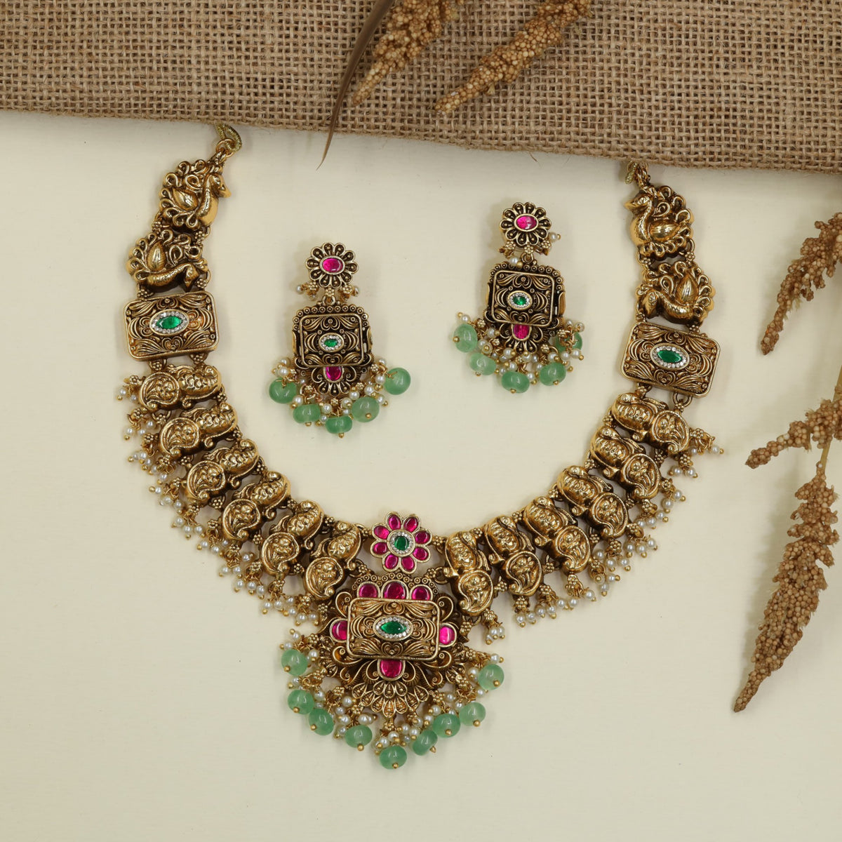 Antique Peacock Necklace Set with Rectangular Links & Floral Pendant