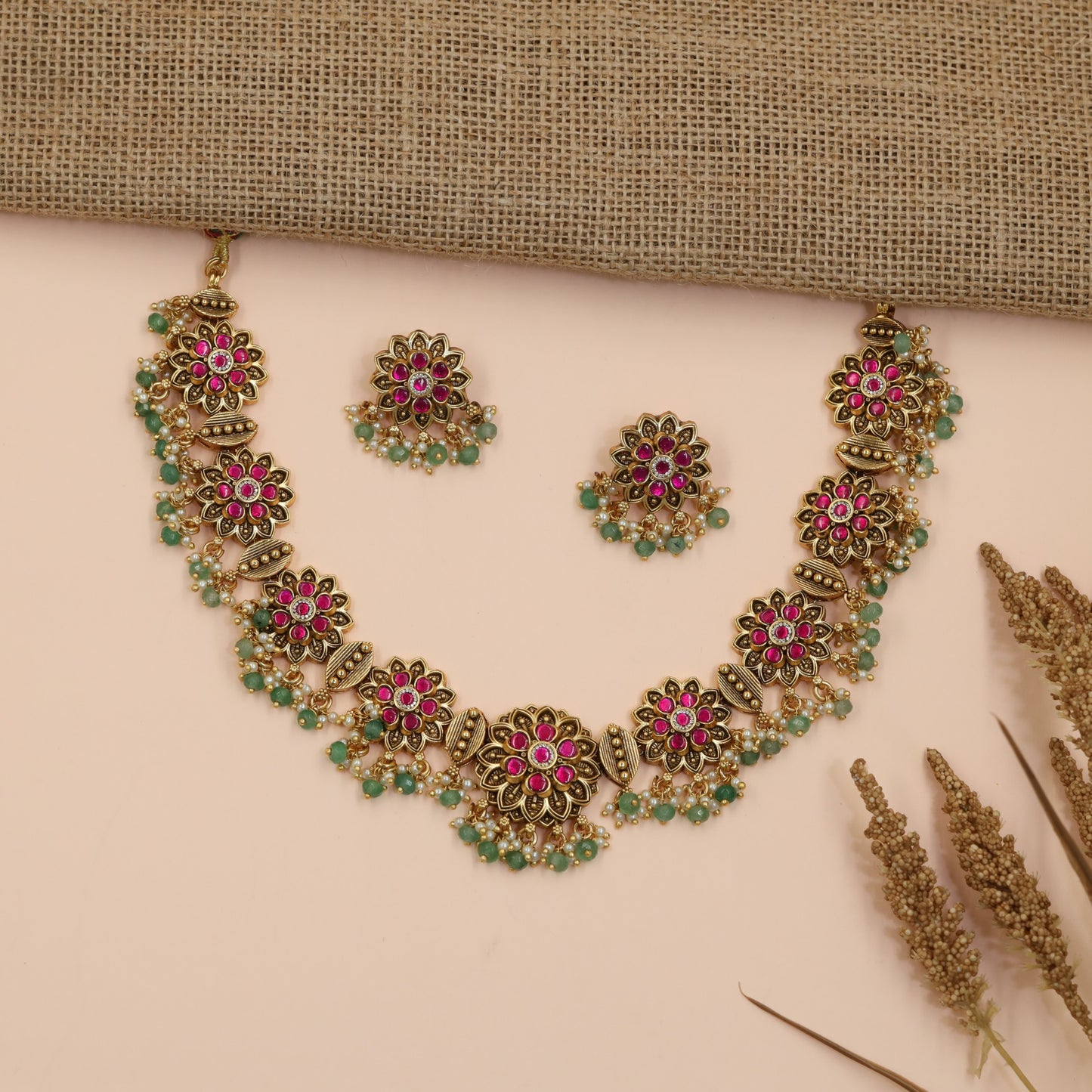 Vintage-Inspired Antique Necklace with Floral Rosettes and Graceful Beaded Fringe