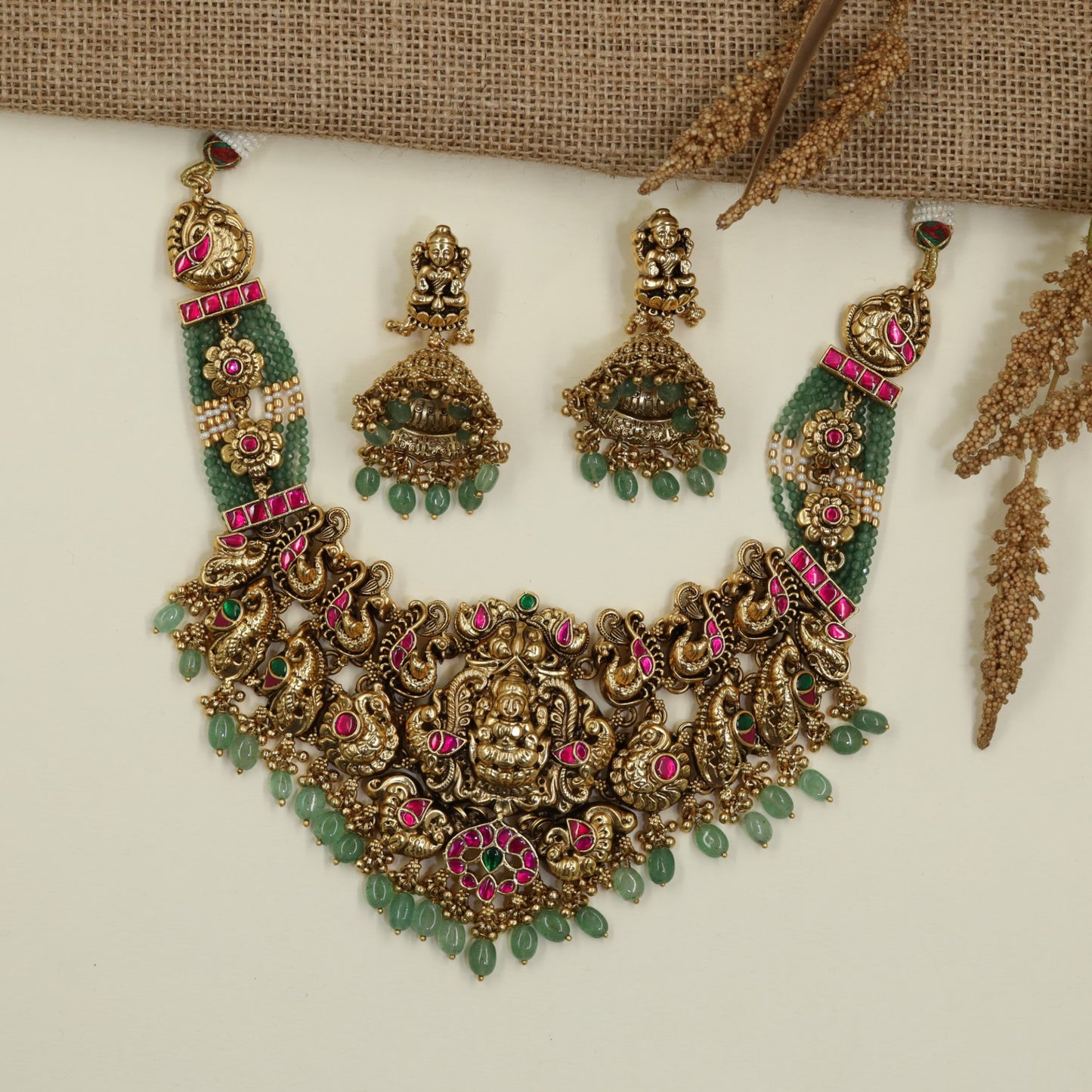 Grand Antique Lakshmi Necklace with Lotus-Seated Goddess and Decorative Beaded Fringe