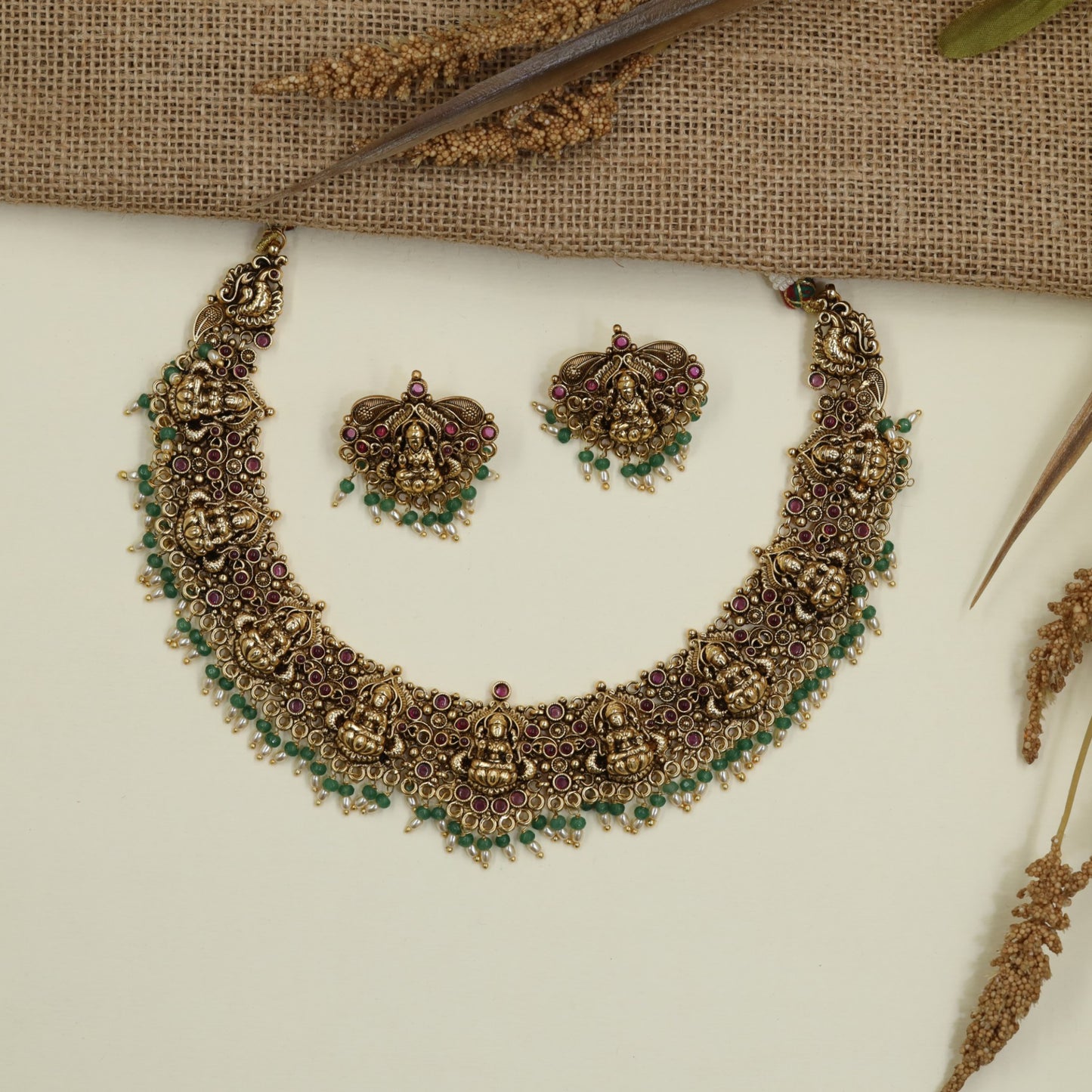Grand Antique Lakshmi Necklace with Repeated Lakshmi Figures and Ornamental Work