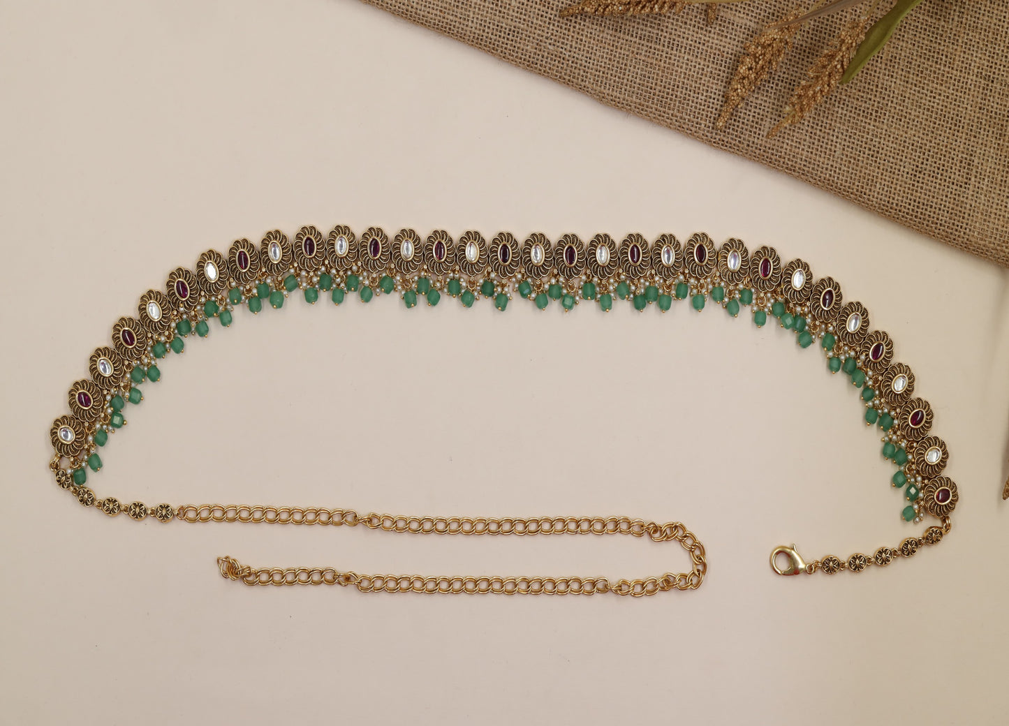 Antique Waist Belt with Repeating Oval Medallion Links and Beaded Drops