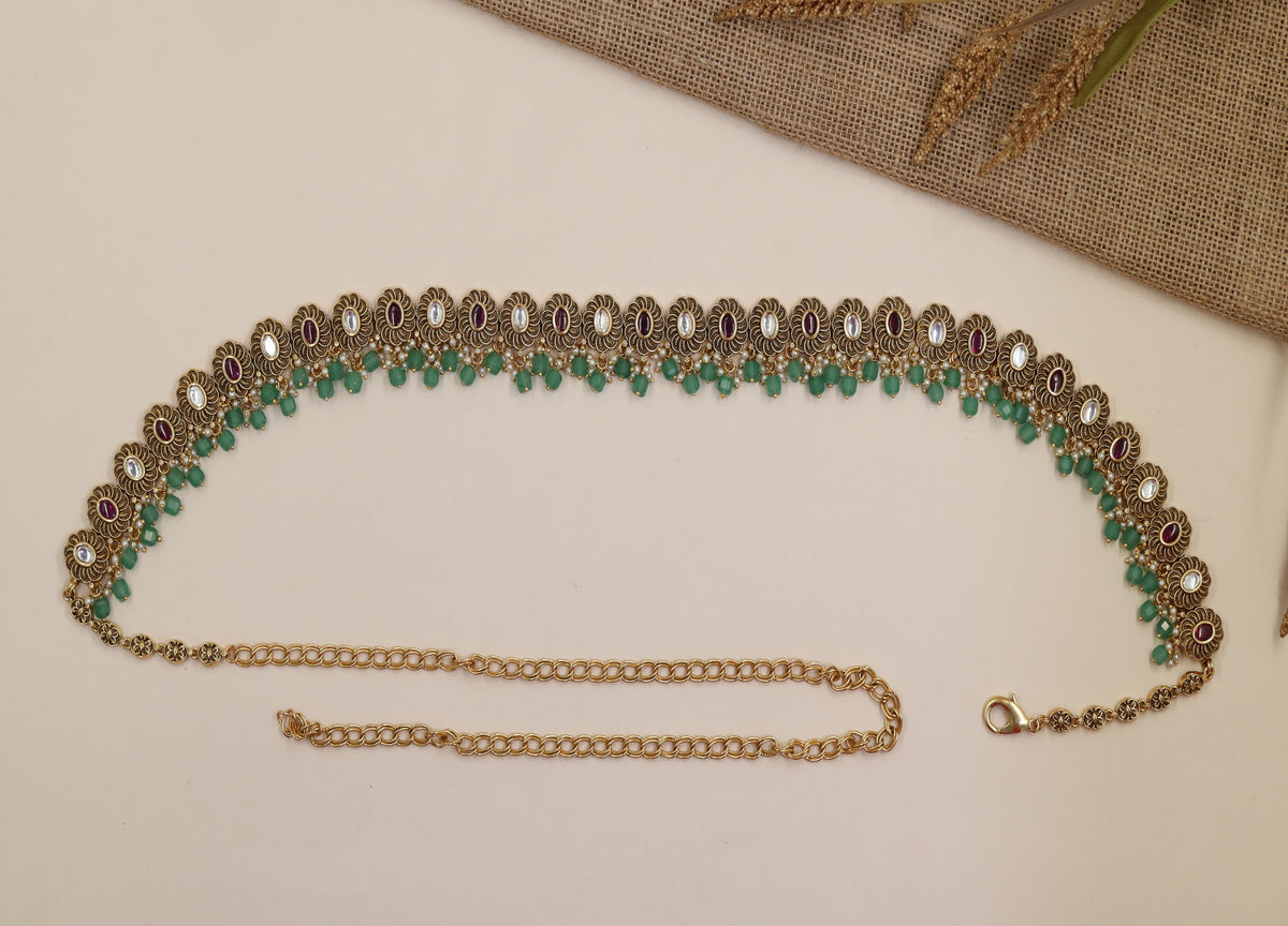 Antique Waist Belt with Oval Medallions & Bead Fringe
