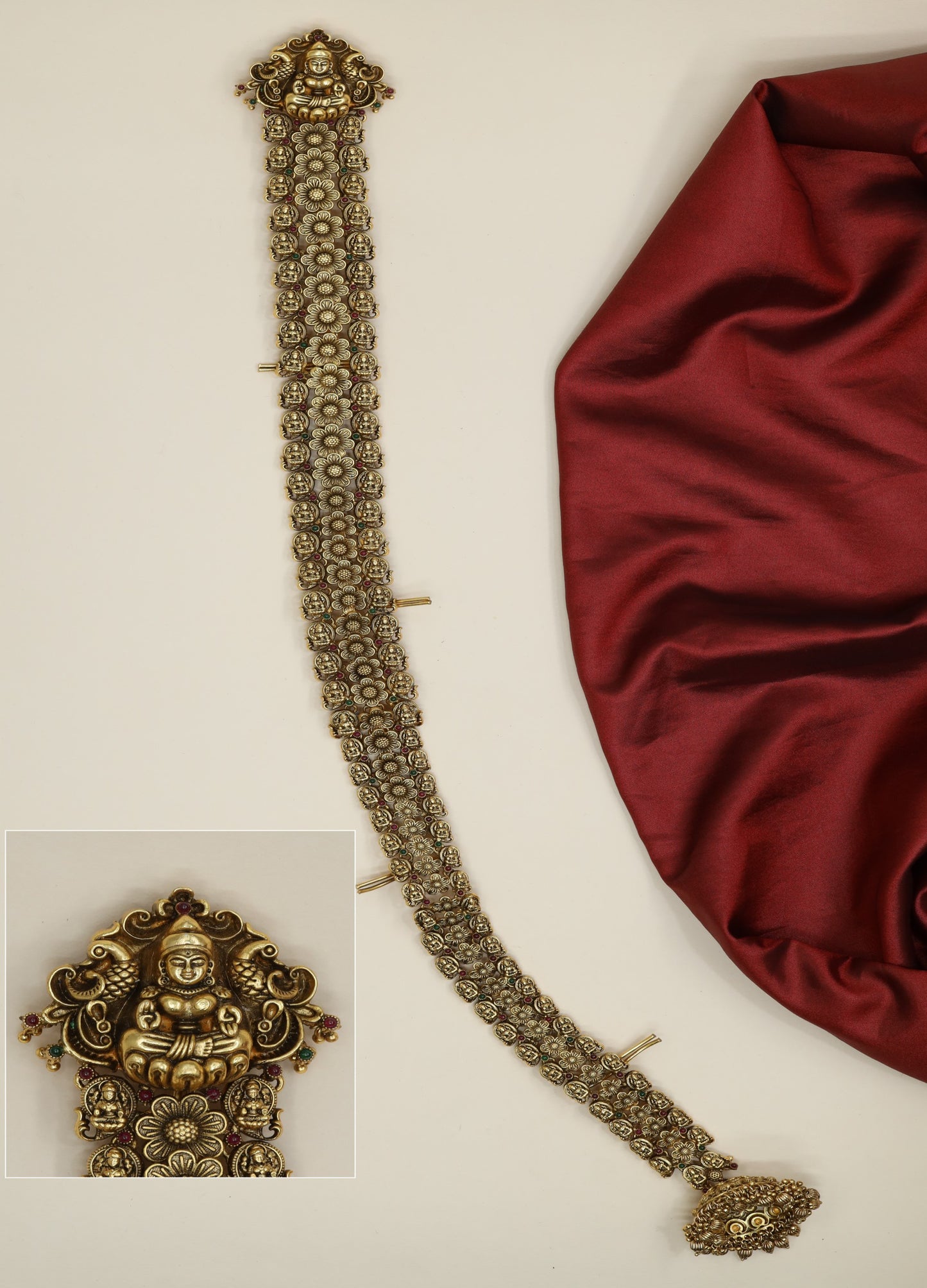 Antique Long Jada with Lakshmi Pendant and Repeating Floral Medallions