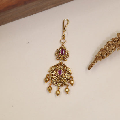 Traditional Antique Tikka with Curved Scrollwork and Pendant Drops