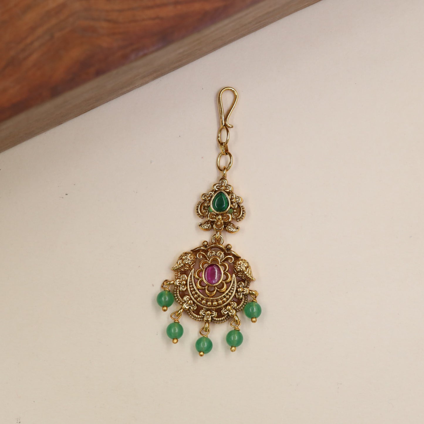Traditional Antique Tikka with Curved Scrollwork and Pendant Drops