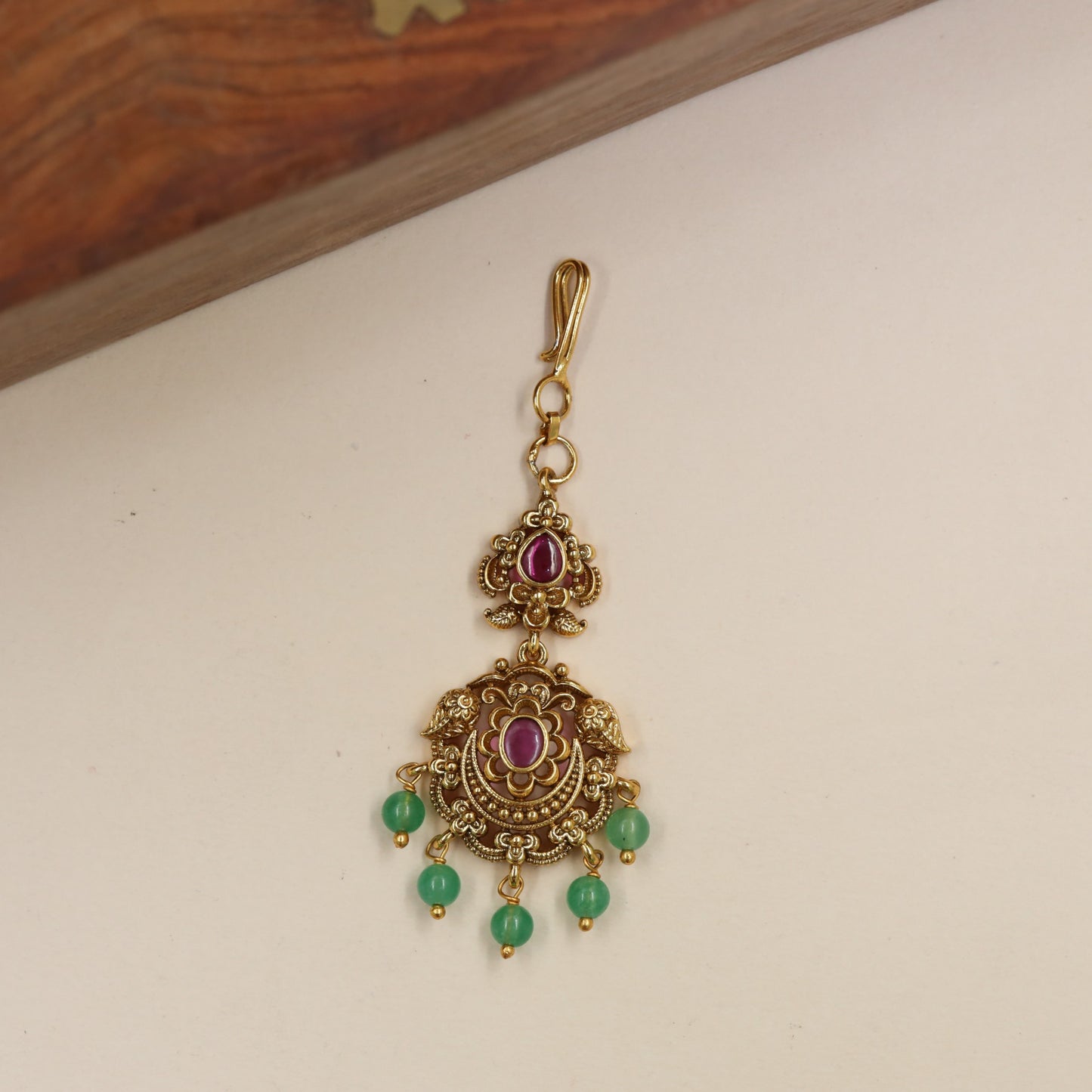 Traditional Antique Tikka with Curved Scrollwork and Pendant Drops