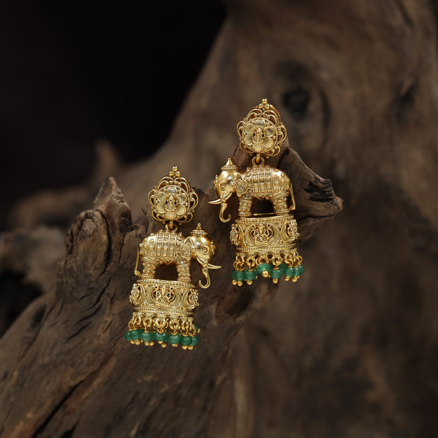 Ornamental Elephant Antique Jumka with floral crest and hanging bead accents