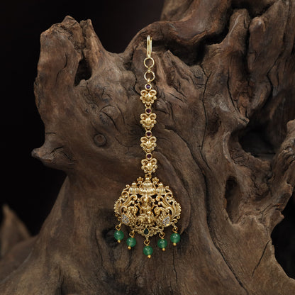 Antique Lakshmi Tikka with Peacock Motifs & Jade Drops