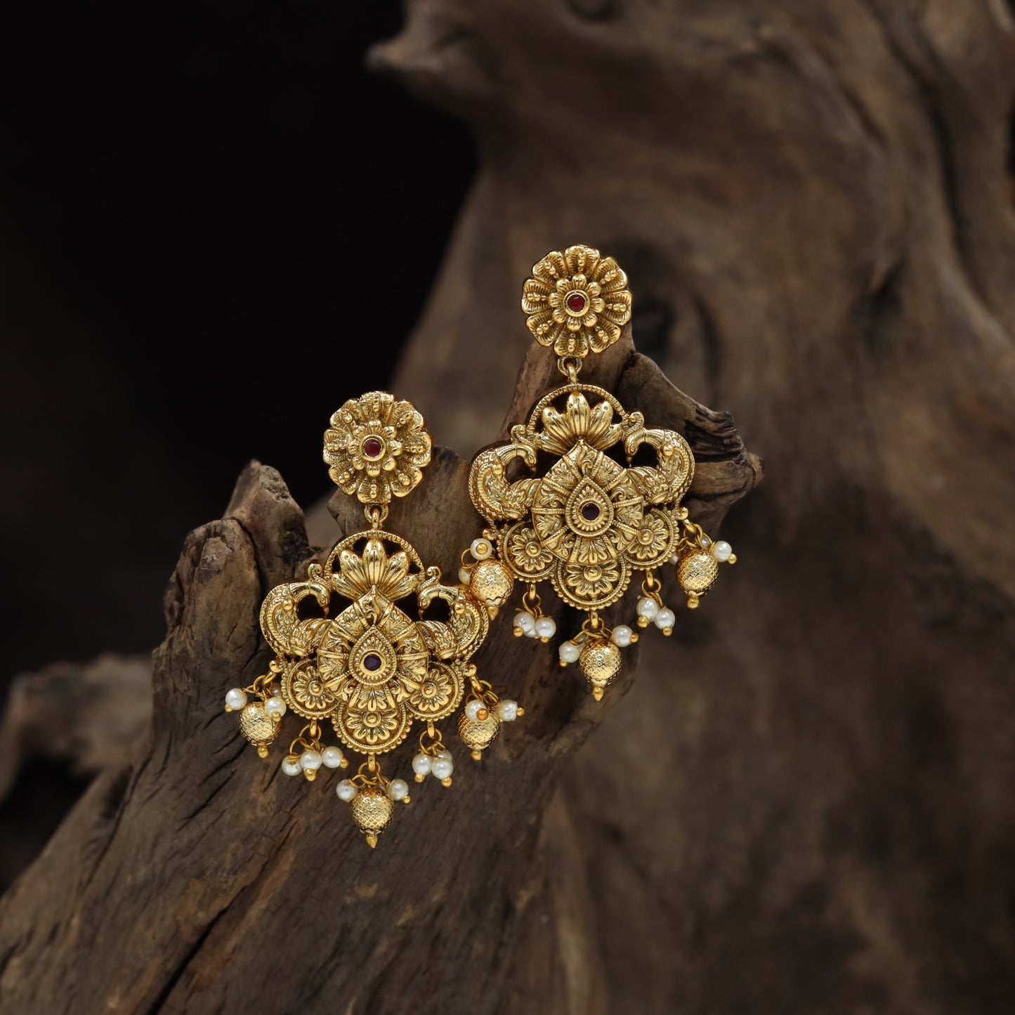 Sculpted Floral Antique Hangings with openwork detailing and pearl drops