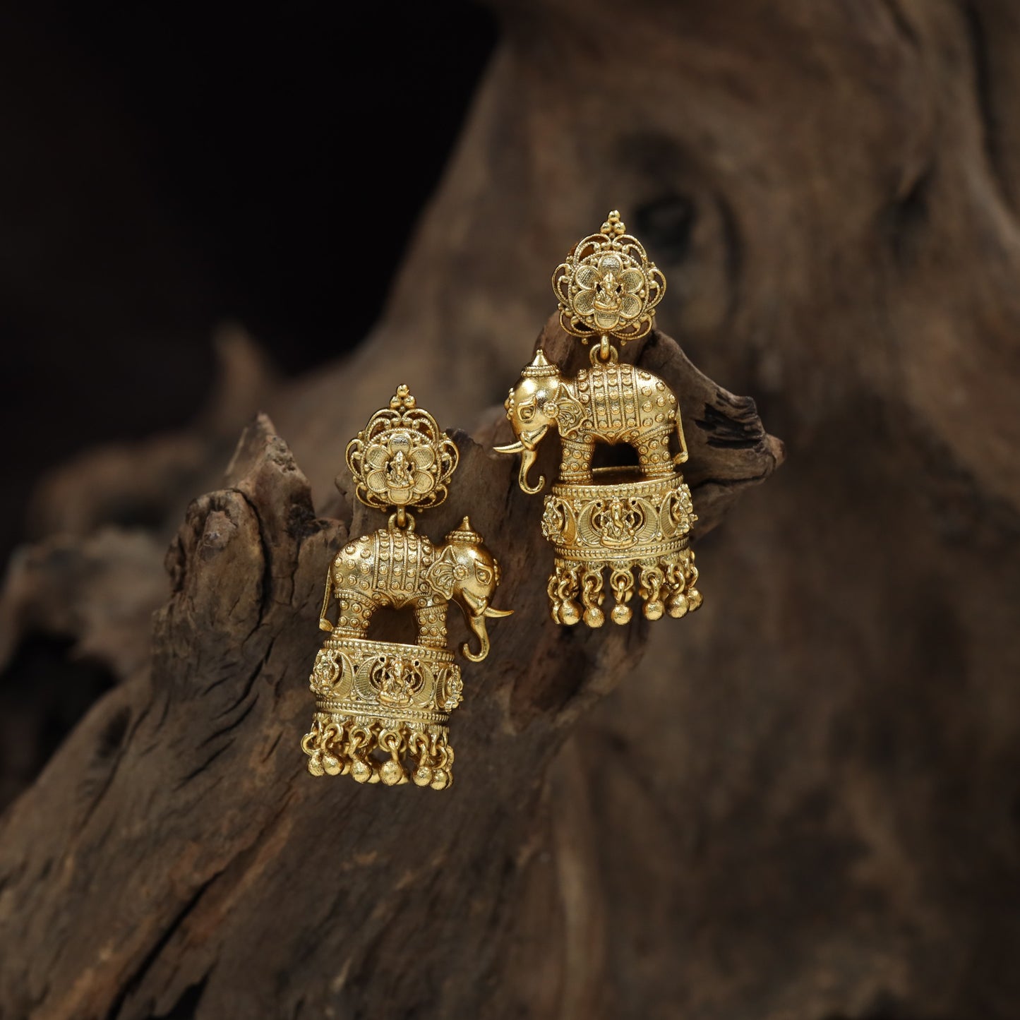 Ornamental Elephant Antique Jumka with floral crest and hanging bead accents