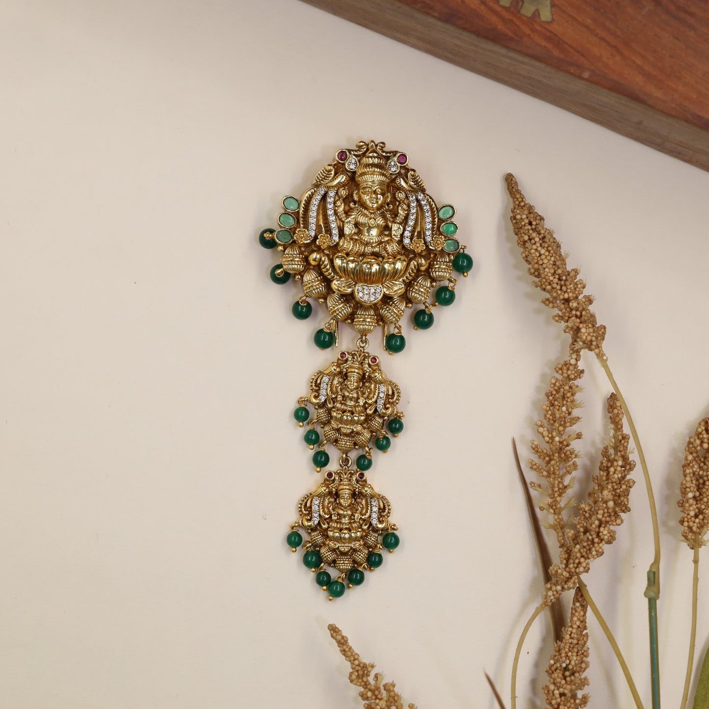 Antique Lakshmi Billes With Three Sculpted Goddess Panels