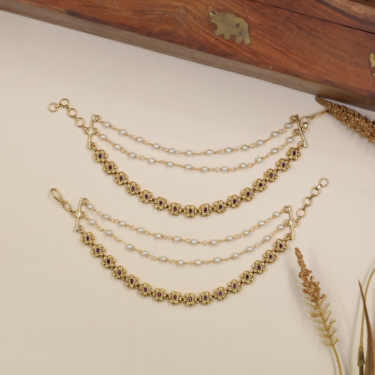 Floral Antique Mati With Ornamental Connectors And Multiple Pearl Chains
