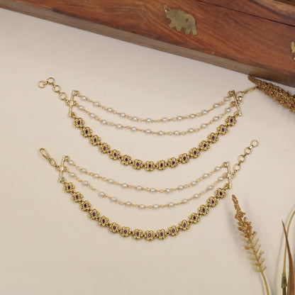 Floral Antique Mati With Ornamental Connectors And Multiple Pearl Chains