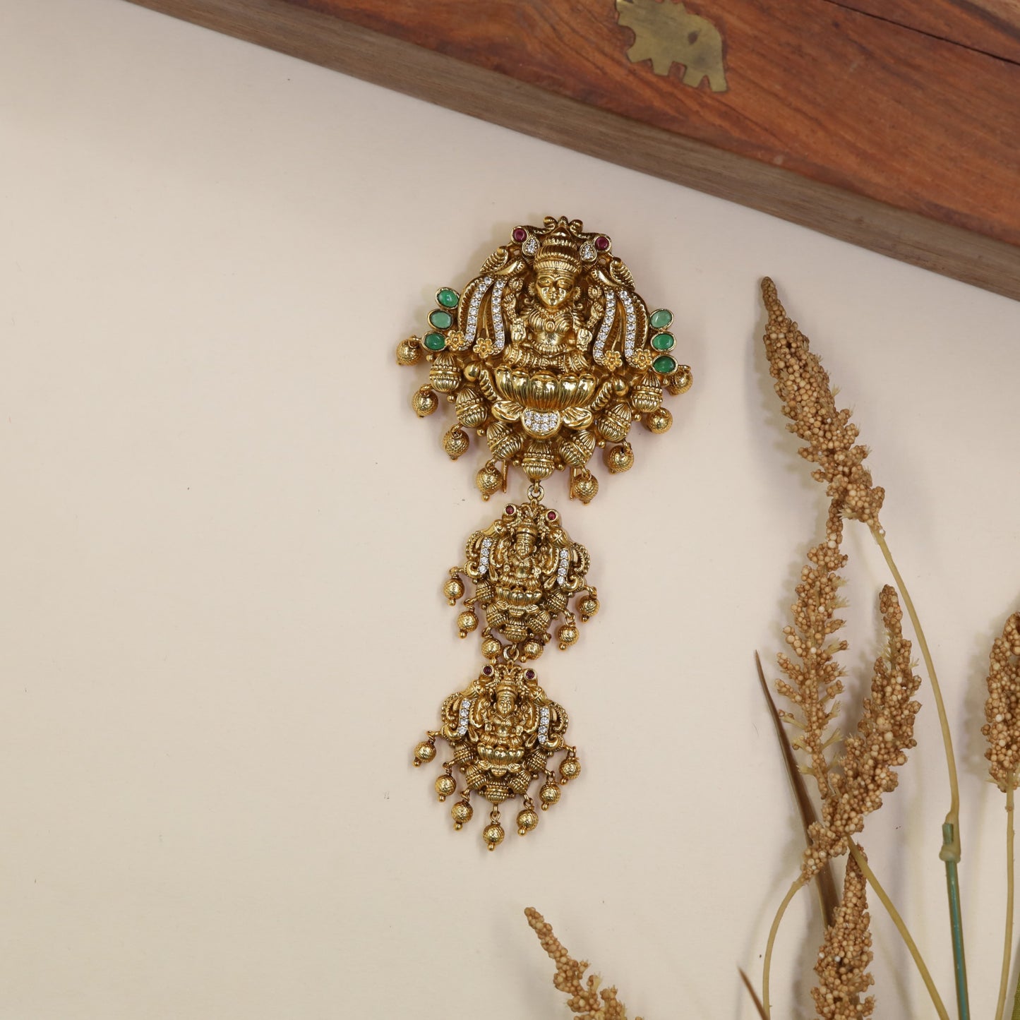 Antique Lakshmi Billes With Three Sculpted Goddess Panels