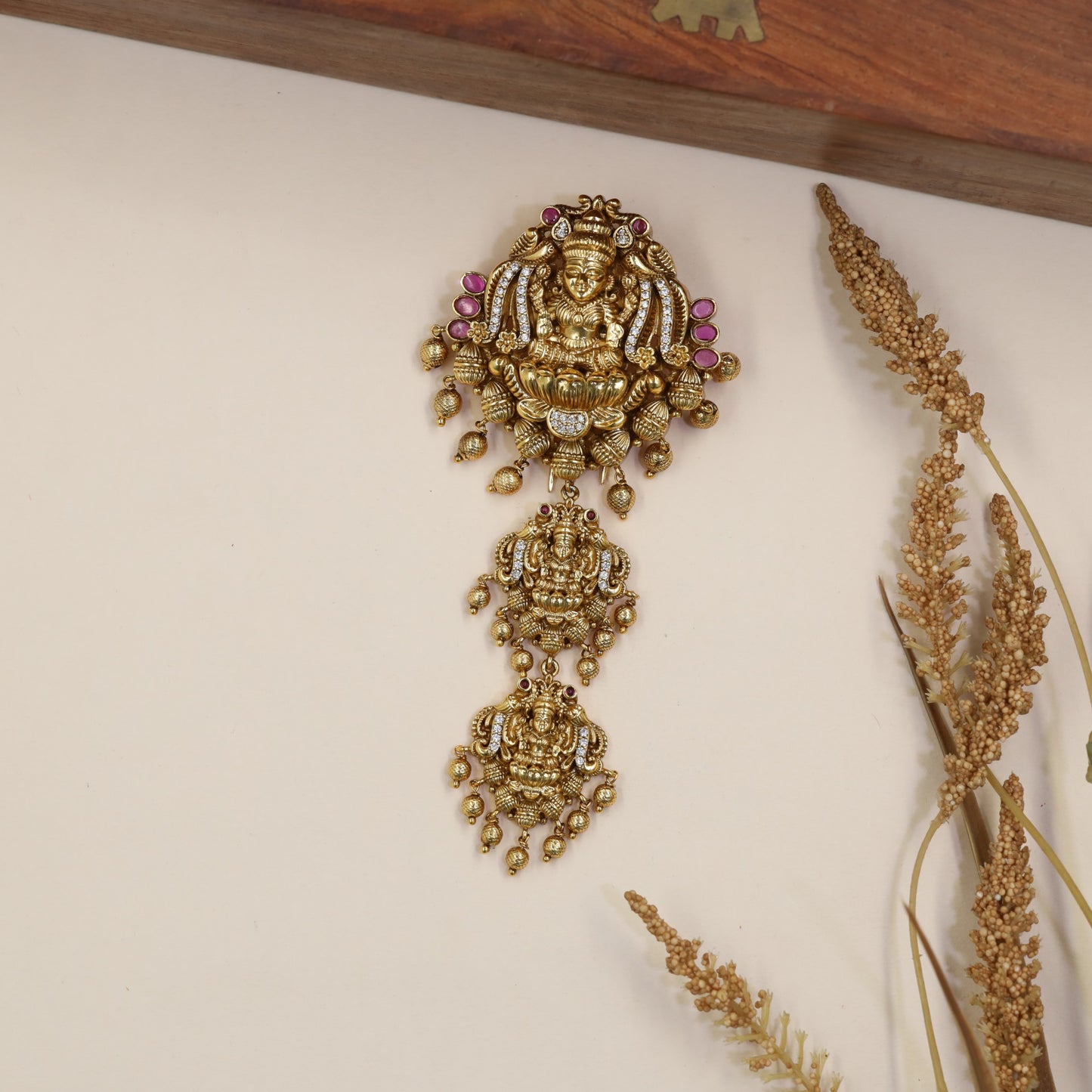 Antique Lakshmi Billes With Three Sculpted Goddess Panels