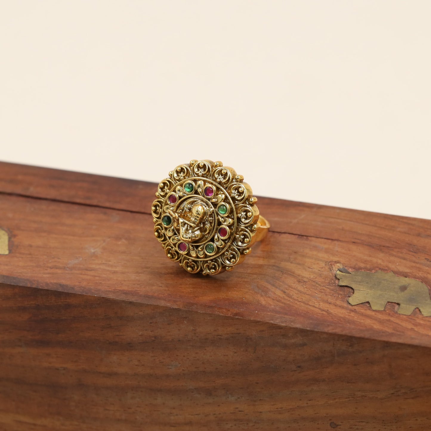 Traditional Finger Ring With Sculpted Krishna And Scrollwork