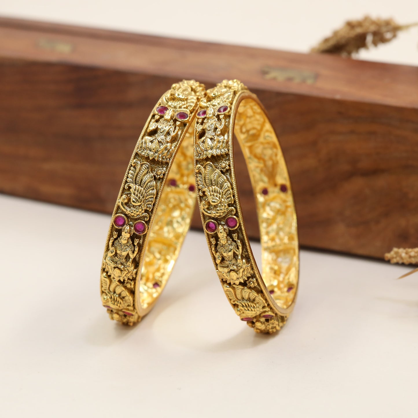 Classic Antique Bangles With Sculpted Goddess And Peacock Details
