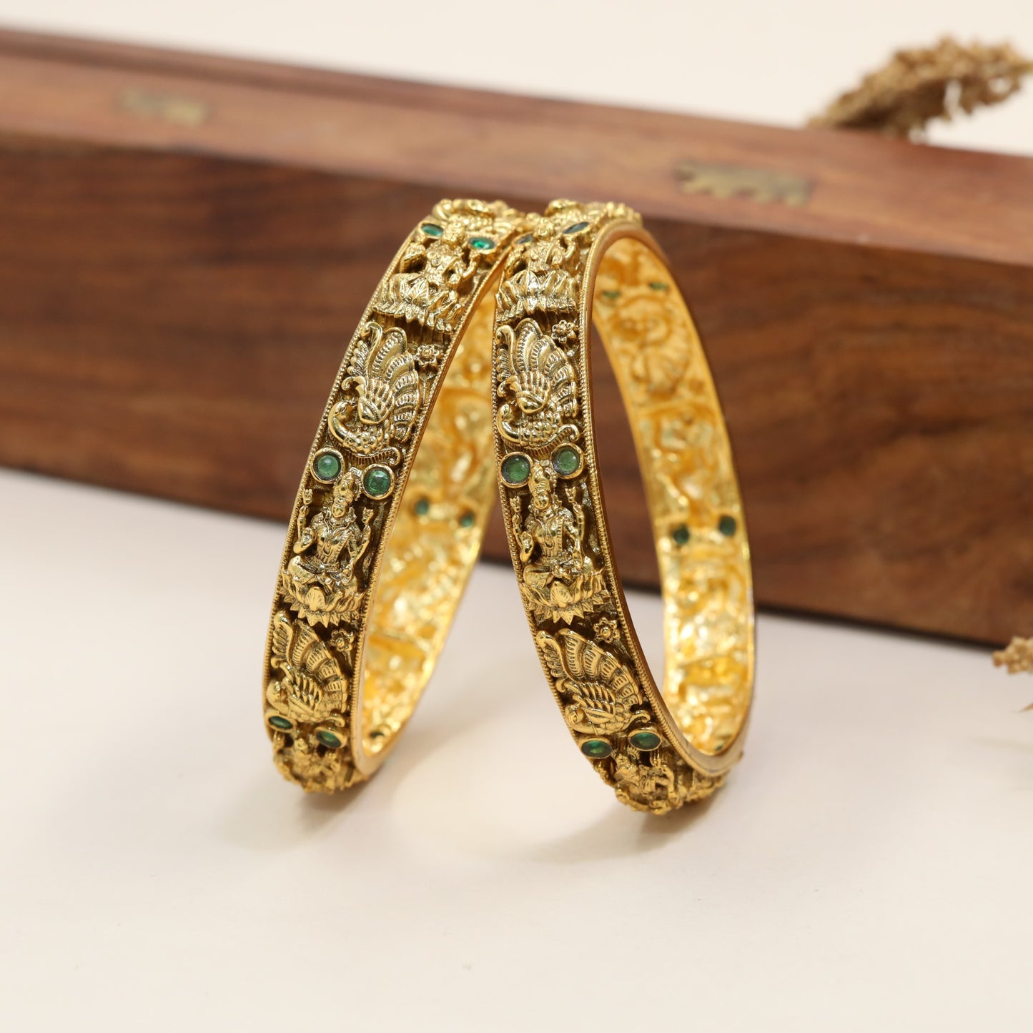 Classic Antique Bangles With Sculpted Goddess And Peacock Details