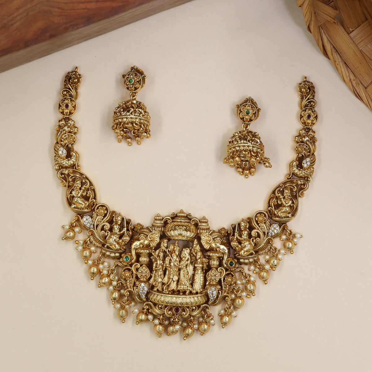 Antique Rama Sita Lakshmana Necklace Set with Curved Panels