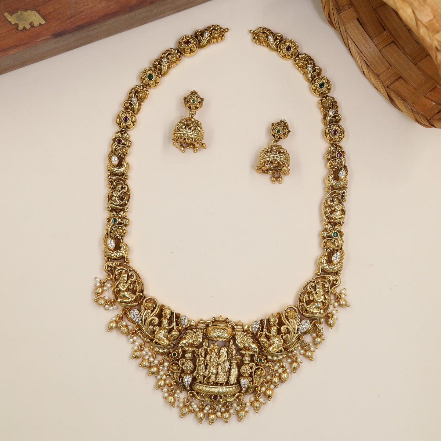 Rama Sita Lakshmana Haara With Sculpted Figures And Decorative Fringe