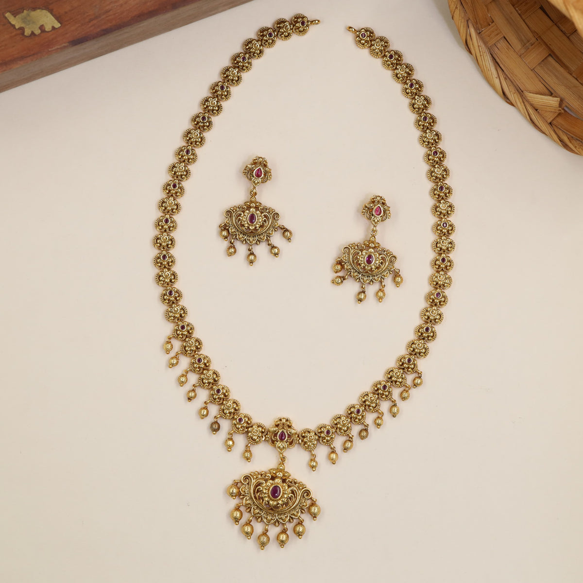 Antique Long Haara Set with Floral Medallion Links