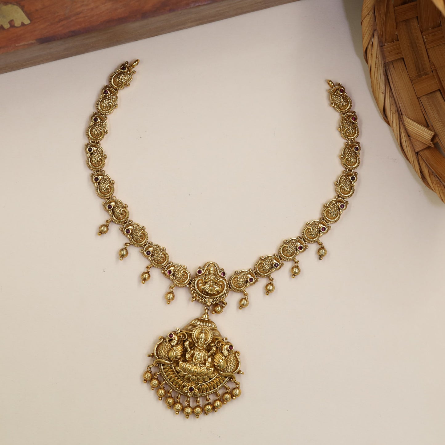 Lakshmi Necklace With Fine Scrollwork Sections And Decorative Drops