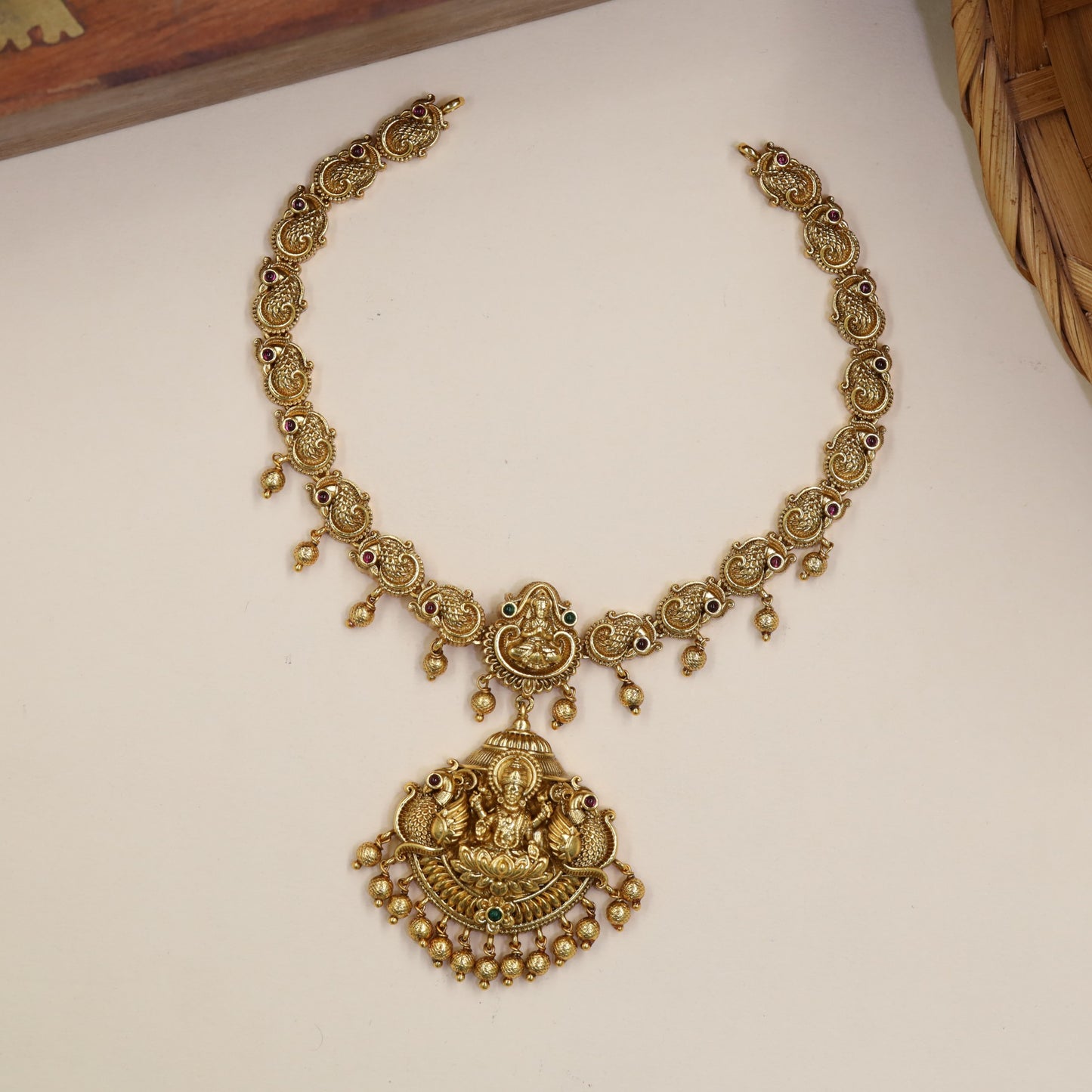 Lakshmi Necklace With Fine Scrollwork Sections And Decorative Drops