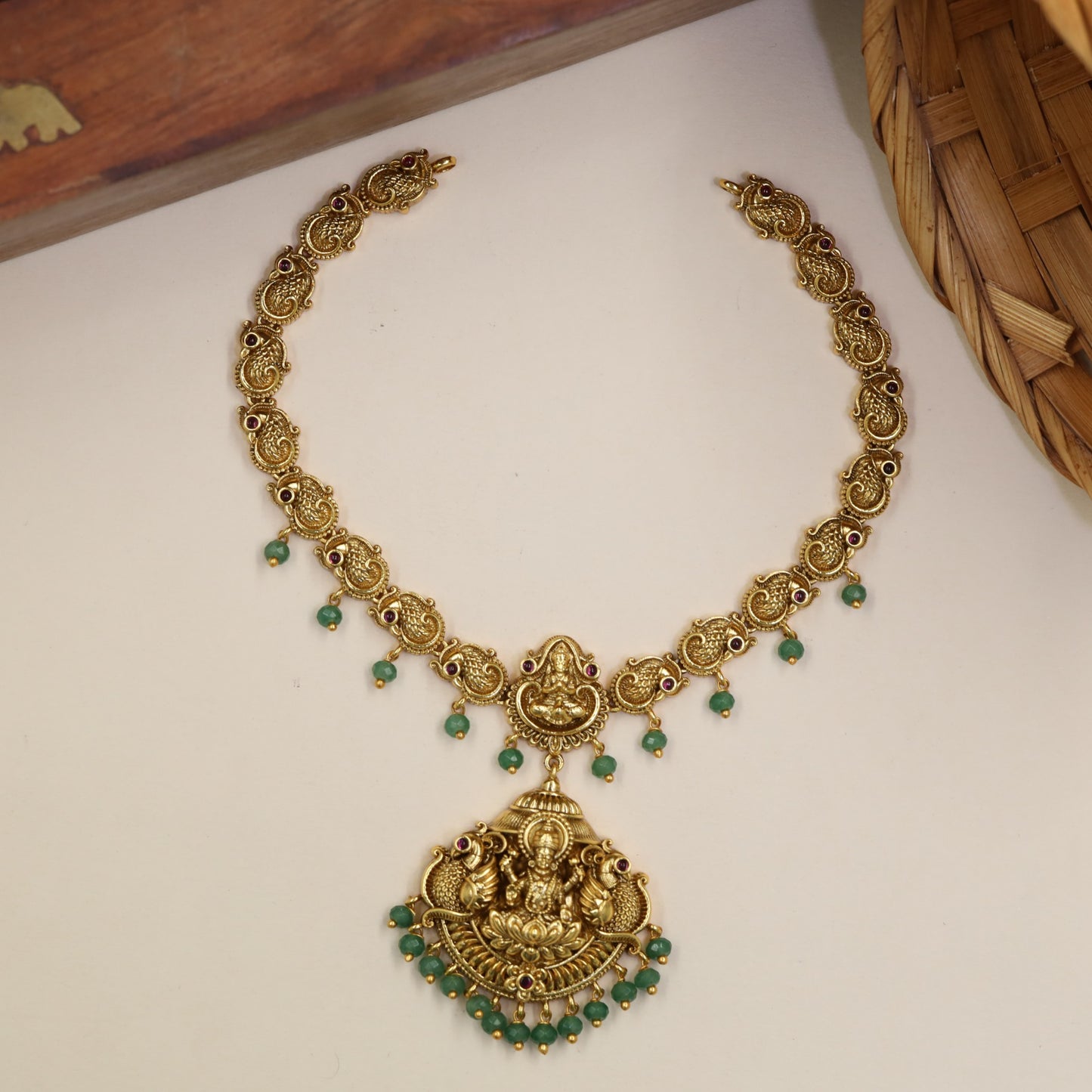 Lakshmi Necklace With Fine Scrollwork Sections And Decorative Drops