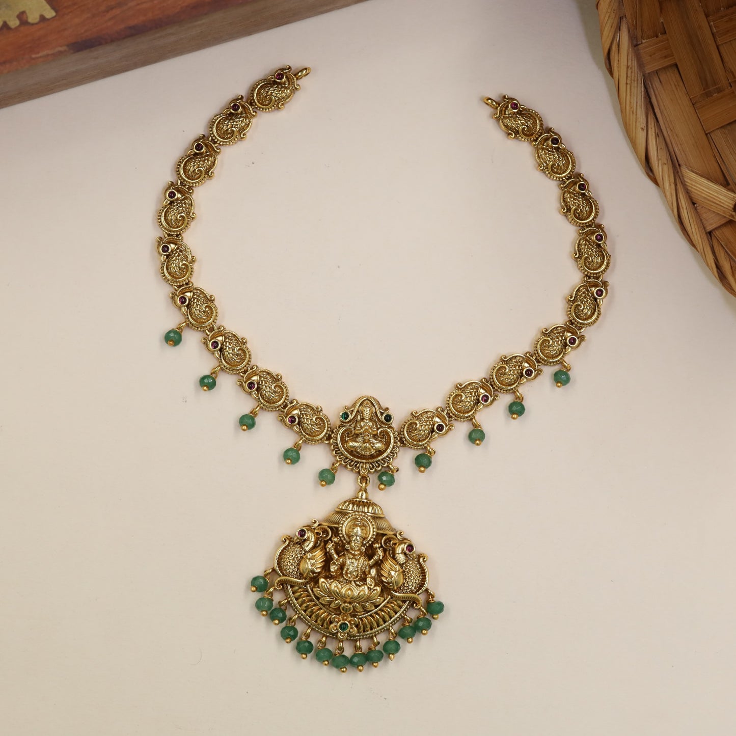 Lakshmi Necklace With Fine Scrollwork Sections And Decorative Drops