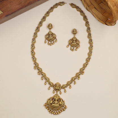 Temple Style Long Haara With Lakshmi Pendant And Spherical Drops