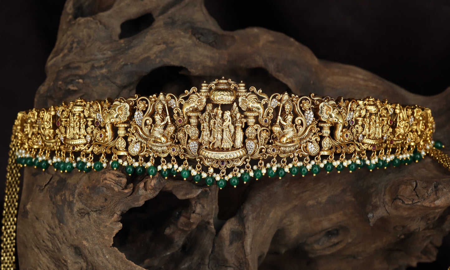 Classical Vaddanam Featuring Rama Sita Lakshmana And Ornamental Drops